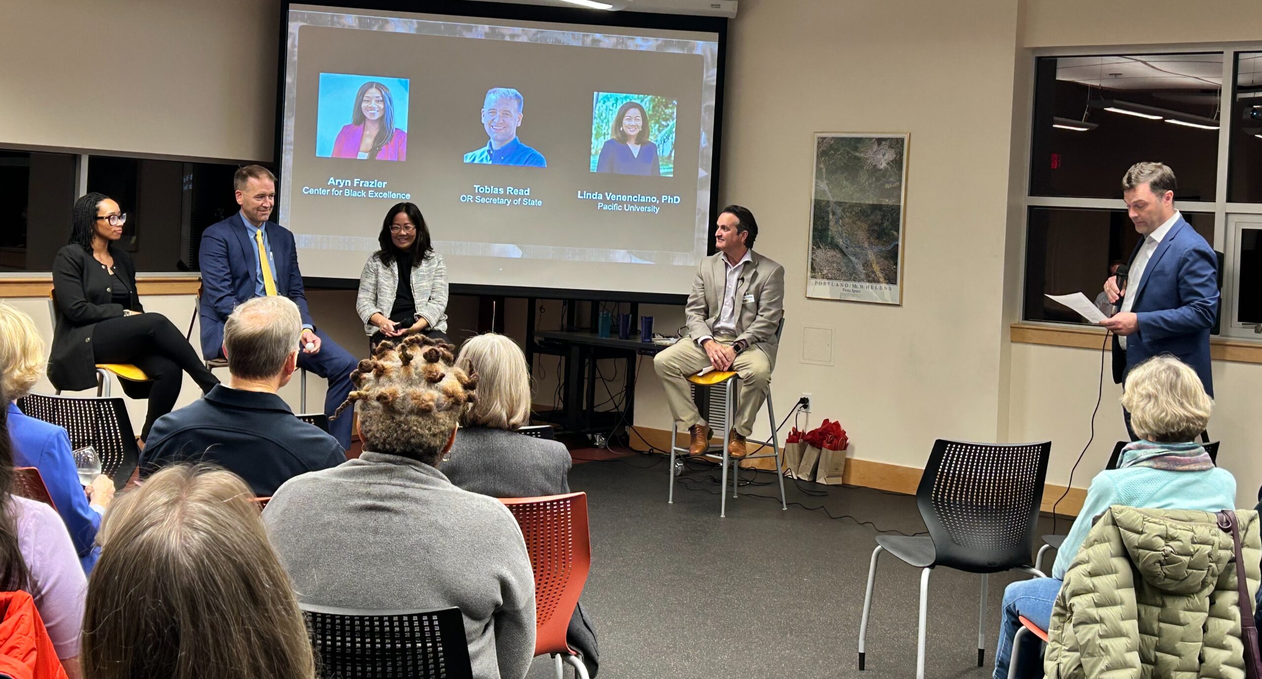 Secretary of State Tobias Read, Aryn Frazier, and Dr. Linda Venenciano participate in panel discussion following Counted Out screening.